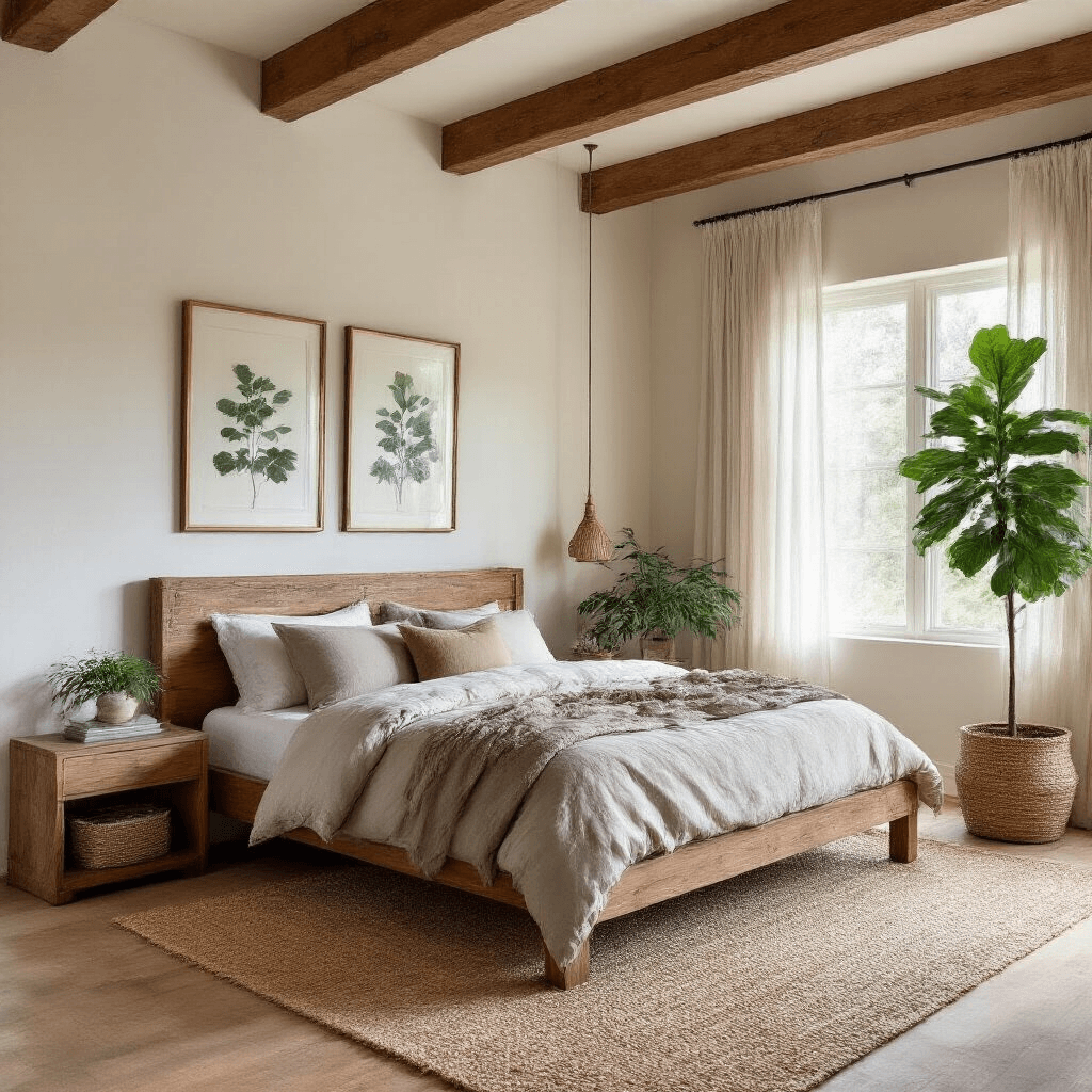 A serene sunlit bedroom retreat featuring a platform bed made of reclaimed wood, organic cotton bedding, and an exposed beam ceiling. A fiddle leaf fig tree sits in the corner beside a handwoven jute rug on bamboo flooring, with botanical prints in brass frames on the walls. The morning light filters through sheer linen curtains, creating a grounded atmosphere.