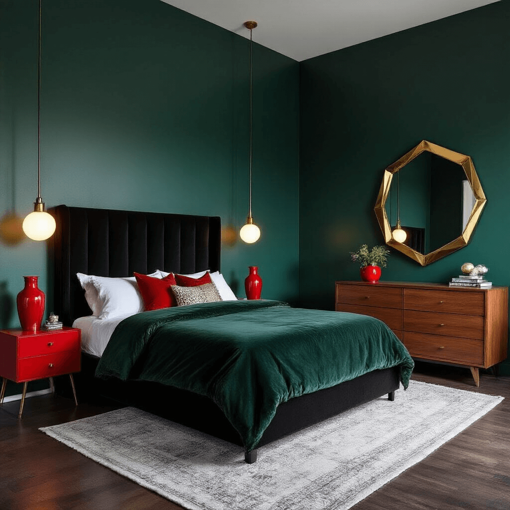 A sophisticated contemporary bedroom featuring a statement king bed with a black velvet headboard against a deep emerald wall, cherry red ceramic lamps, and a geometric gold mirror above a modern walnut dresser, all illuminated by dusk lighting that enhances the dramatic ceiling height.