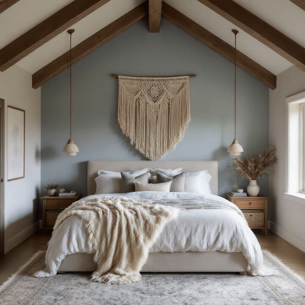Intimate 13x15ft bedroom at blue hour featuring a vaulted ceiling with exposed beams, an oversized linen upholstered bed with cascading macramé wall hanging, layered with sheepskin throws, velvet cushions, and woven wool blankets in creamy whites and soft grays, complemented by a vintage Persian rug, captured with soft, diffused lighting for a tactile and inviting atmosphere.