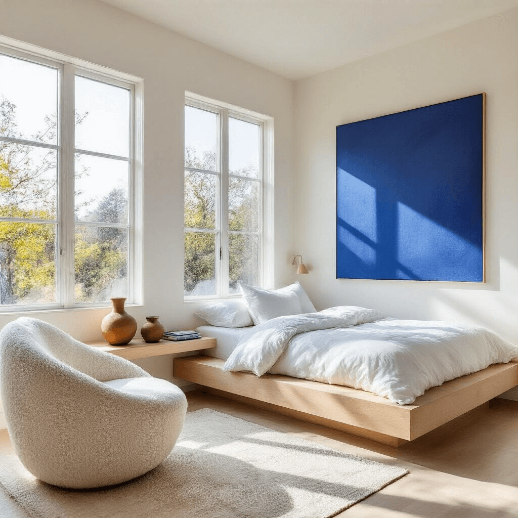 A minimalist corner bedroom with floor-to-ceiling windows, featuring a low-profile bleached oak platform bed and cloud-like white bedding. An oversized cobalt blue abstract canvas hangs on the wall, complemented by a curved bouclé reading chair and handcrafted ceramic vessels on floating shelves. The image is captured from a high angle, showcasing the bright and airy atmosphere.