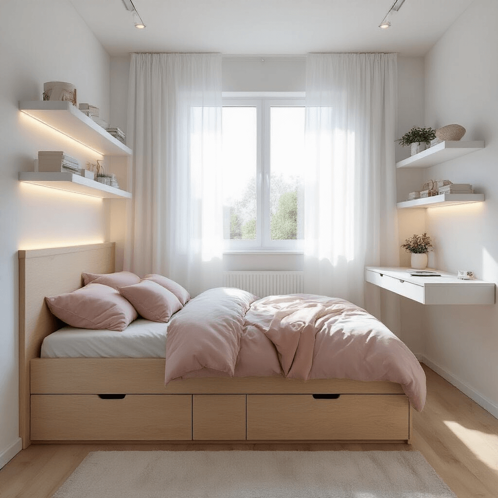 A bright 10x12ft modern bedroom featuring a queen-size platform bed with built-in drawers, floating white shelves with minimalist decor, and a fold-down desk, all illuminated by natural sunlight and hidden LED strips.