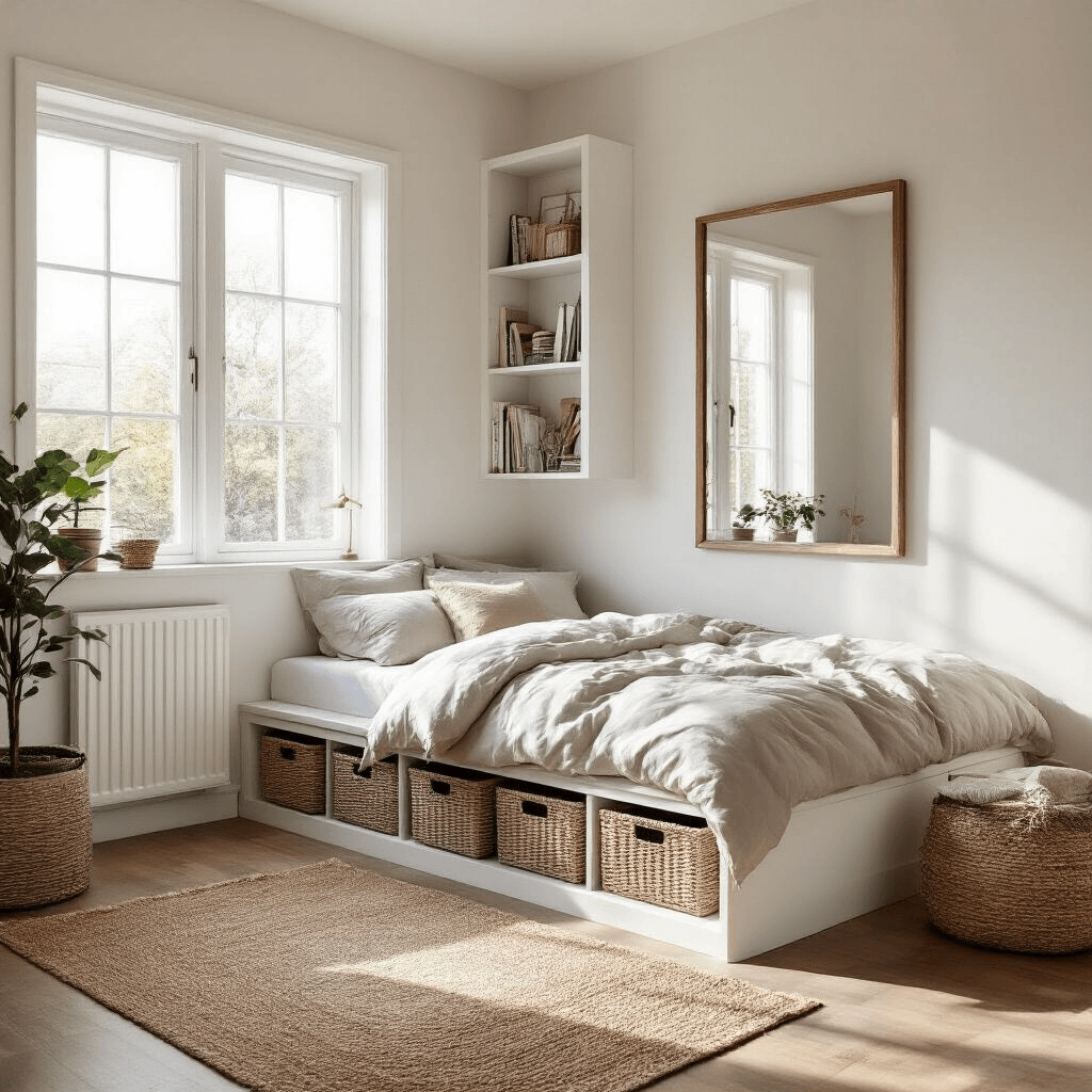 Cozy Scandinavian-inspired bedroom with warm white walls, featuring a platform bed and vertical bookcase, bathed in late afternoon light with an oversized mirror reflecting the space.