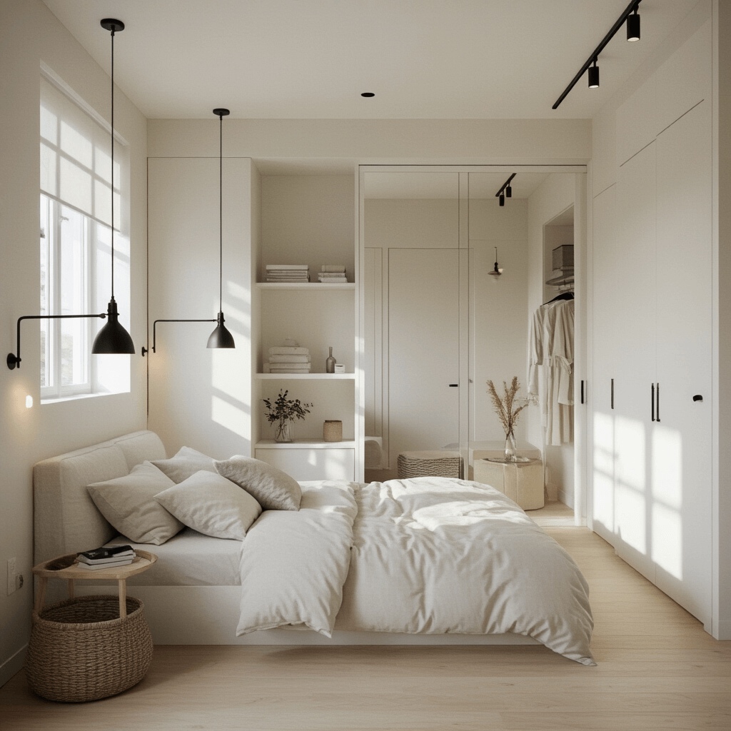 A minimalist 10x10ft bedroom features warm white and cream tones, black metal accents, and wall-mounted sconces. A low-profile bed floats above light oak floors, with a full-length mirror providing hidden storage. Natural and warm LED lighting creates a serene atmosphere.