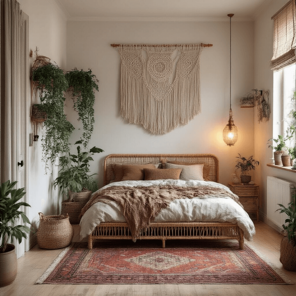 Cozy bohemian micro bedroom featuring a rattan bed with earth-toned textiles, a vertical plant wall, and vintage Persian rug, illuminated by dusk light filtered through macramé window treatment, string lights, and a copper floor lamp.