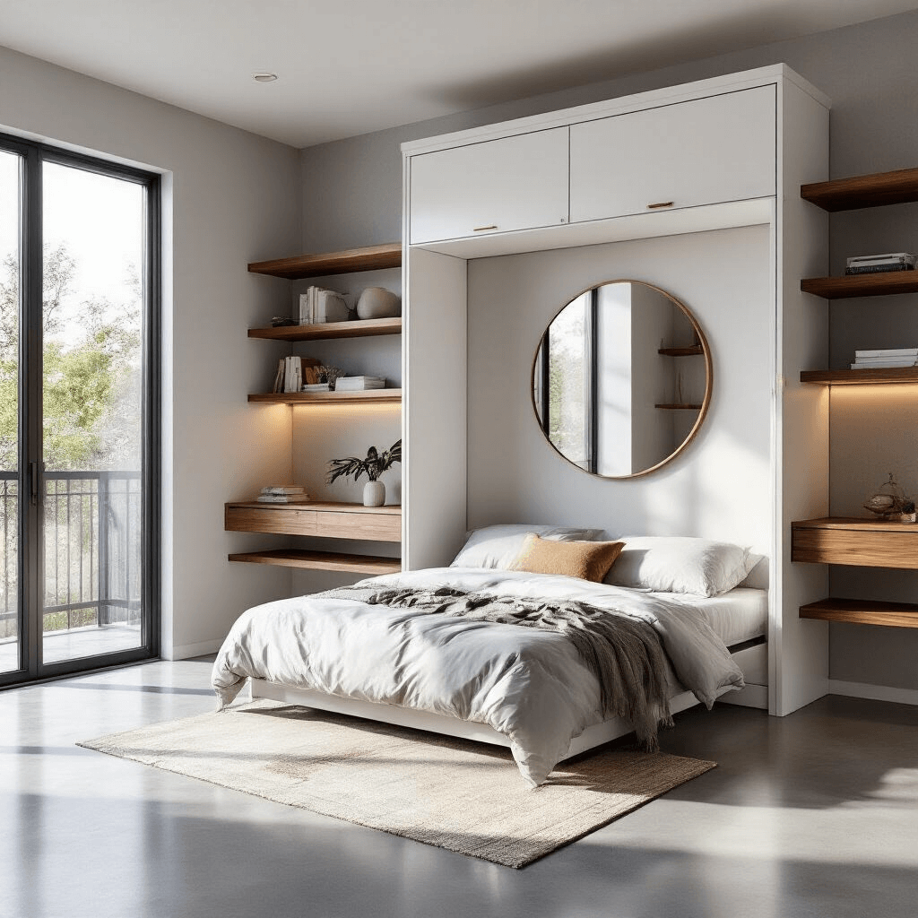 A modern bedroom sanctuary featuring a white Murphy bed system with integrated shelving, partially folded to showcase a built-in desk, illuminated by morning light through floor-to-ceiling windows. Polished concrete floors and floating walnut shelves enhance the space, alongside an oversized round mirror and minimal decor including a large monstera plant and a contemporary task lamp, all harmonized in a cool gray and timber color palette with brass accents.