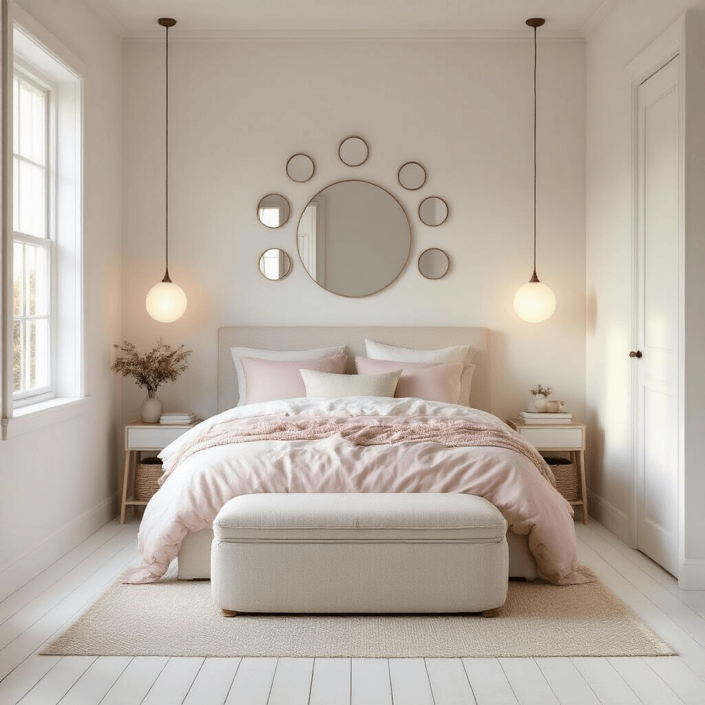 Intimate Scandinavian bedroom at golden hour featuring a queen bed with pale pink bedding, oatmeal bouclé ottoman bench, whitewashed pine floors, and round mirrors above the headboard, captured from the doorway with soft natural backlighting.