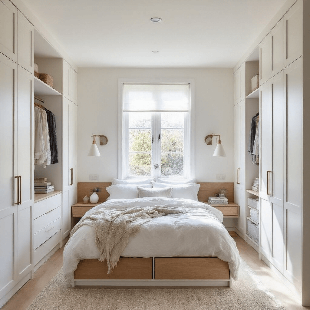 A compact 11x11ft bedroom featuring floor-to-ceiling white wardrobes, a centered window with sheer linen, floating bleached oak nightstands, a queen bed with storage drawers, and minimal decor with books and ceramics, all captured in soft, cool midday light.