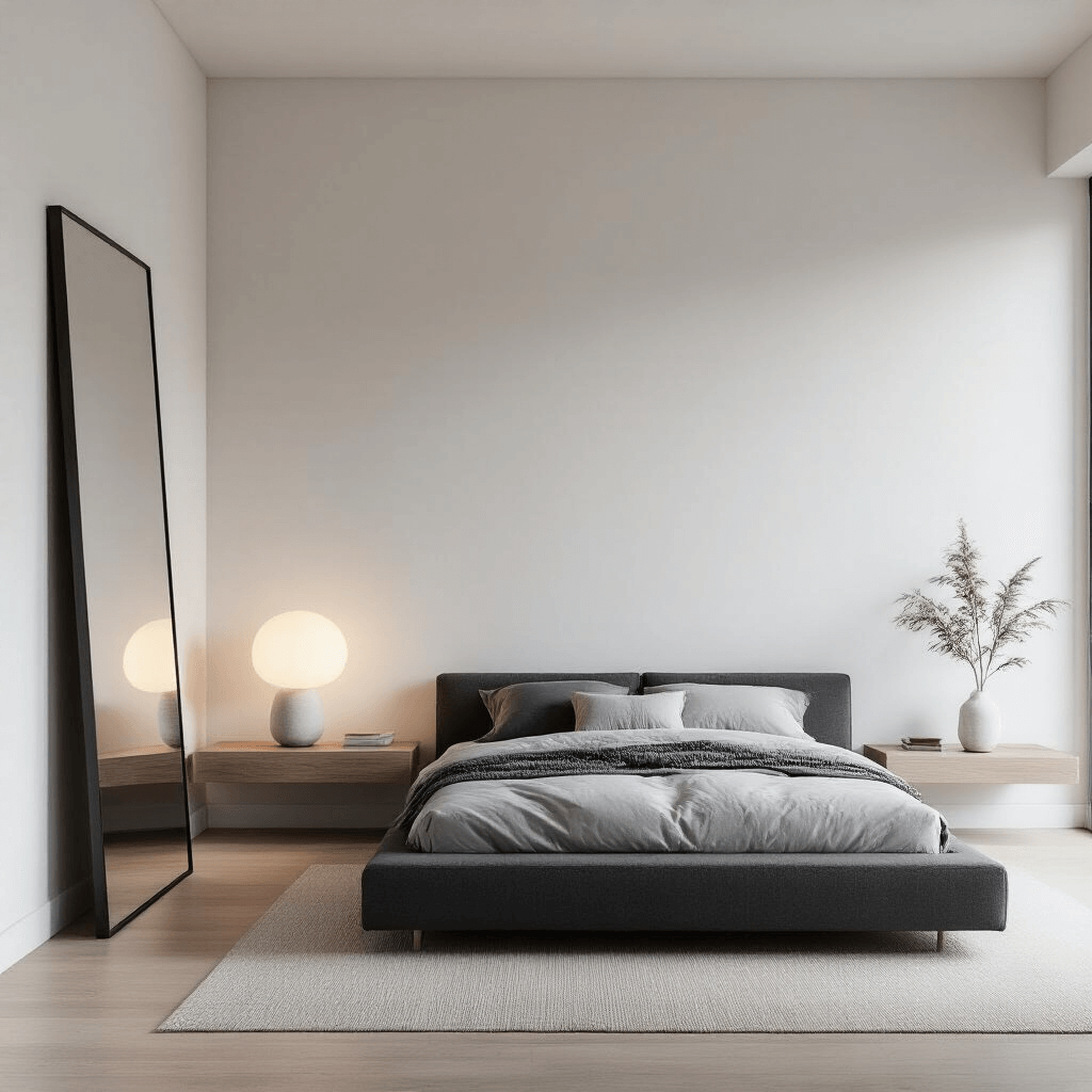 A minimalist bedroom at dusk, featuring a large leaning mirror beside a low-profile charcoal linen platform bed. A sculptural lamp on a floating shelf nightstand complements the textured white walls and light oak flooring. The camera angle emphasizes ceiling height and a monochromatic palette with nuanced textures, accentuated by strategic uplighting.
