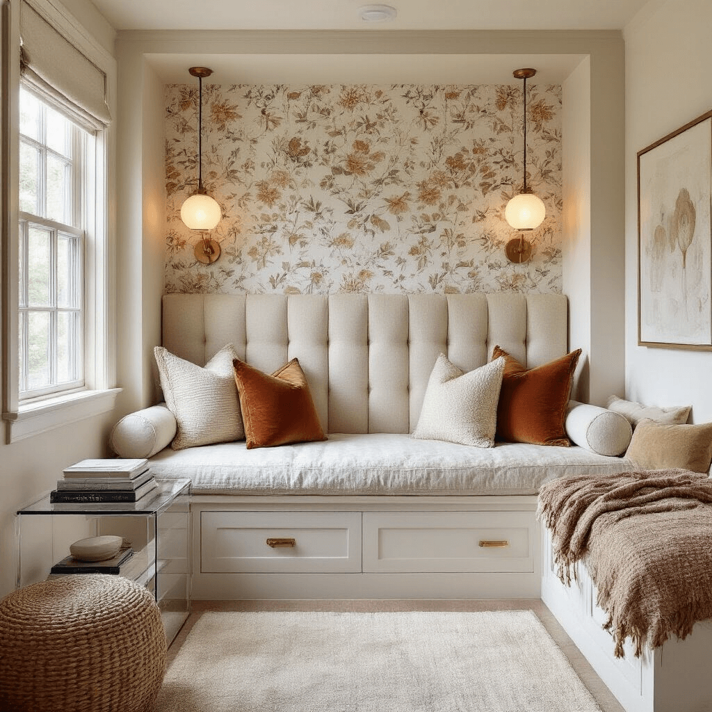 Cozy 10x10ft bedroom featuring a statement wallpapered accent wall, floating cream bouclé headboard, built-in window seat with velvet cushions, and Lucite side tables, captured in soft afternoon light with a tilt-shift lens, showcasing a warm neutral palette and curated decor.