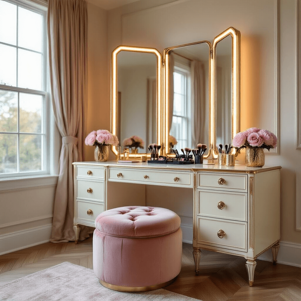 A luxurious master bedroom with cream and blush decor, featuring a Hollywood-style vanity with a tri-fold mirror, warm LED lighting, and a plush ottoman, all illuminated by golden hour light. bedroom vanity ideas