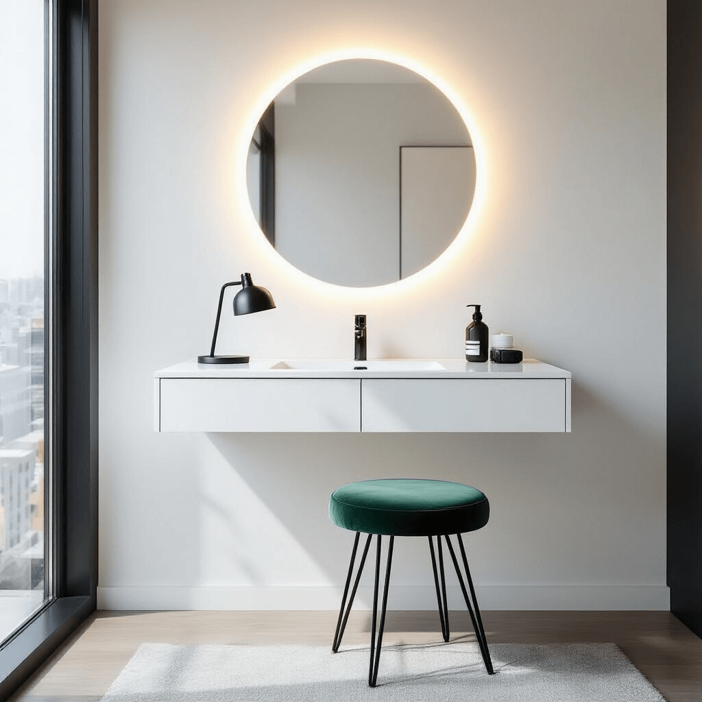 A modern minimalist wall-mounted vanity in a compact urban bedroom, featuring a 48-inch white lacquer floating vanity against a charcoal accent wall, with a round backlit mirror above. The scene includes sleek acrylic organizers, a matte black task lamp, and an emerald green hairpin-leg velvet stool, captured in bright midday light from a low angle to highlight negative space.