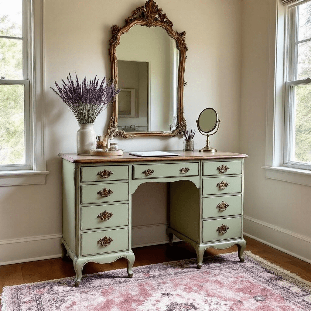 A cozy 11x13ft bedroom featuring a vintage secretary desk vanity in chalk-painted sage green, with a baroque-style mirror above reflecting morning light. The space is styled with an antique silver brush set, dried lavender bundles, and a modern LED makeup mirror, all set atop a weathered Persian rug that adds warmth to the color palette of sage green, warm brass, cream, and dusty rose accents.