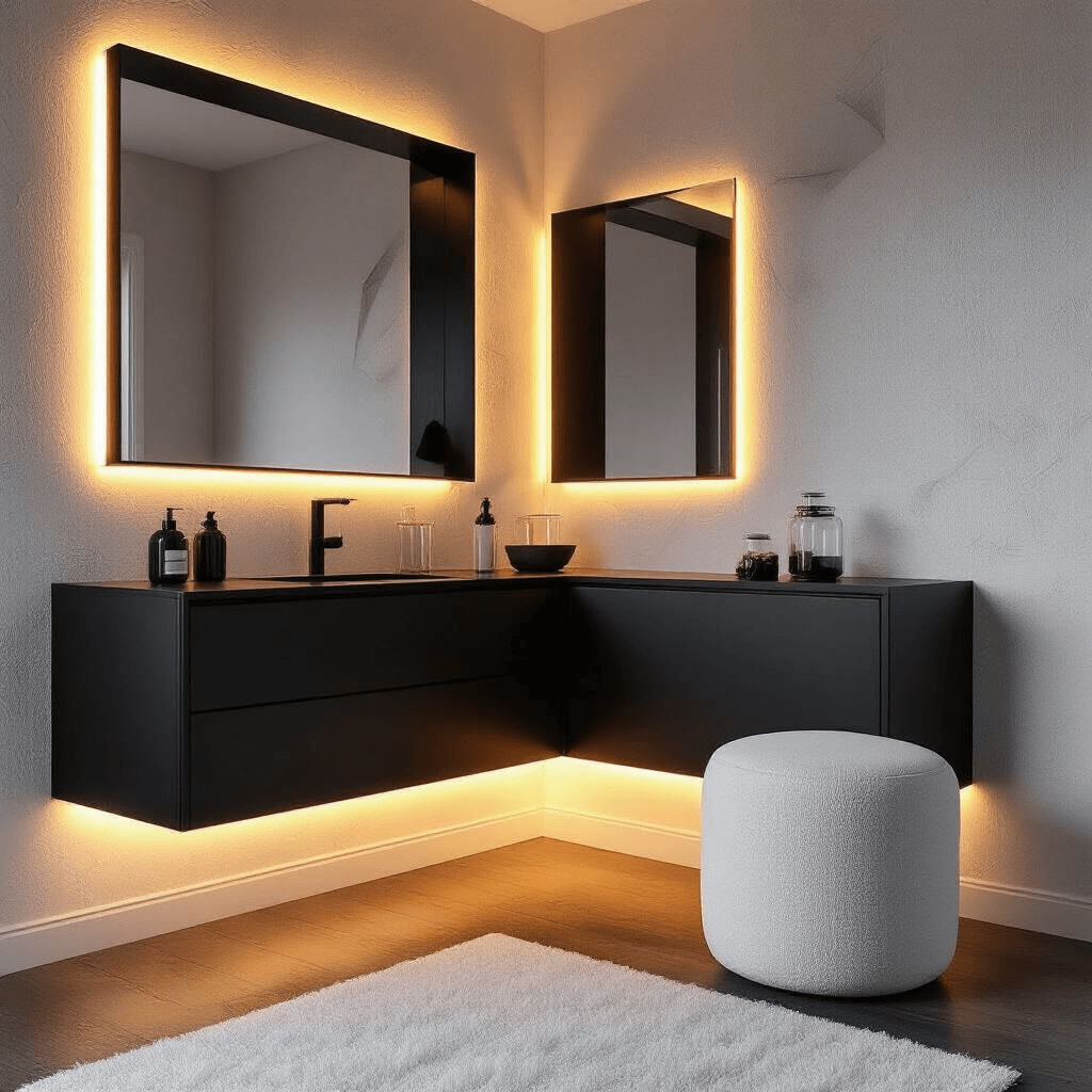 A contemporary corner vanity setup in a 9x11ft bedroom at dusk, featuring a custom-built matte black floating unit with LED strip lighting, a large geometric black-framed mirror, minimalist black and white accessories, clear glass canisters, and a low-profile white boucle stool, all against textured white wallpaper that enhances the warm glow of the lighting.