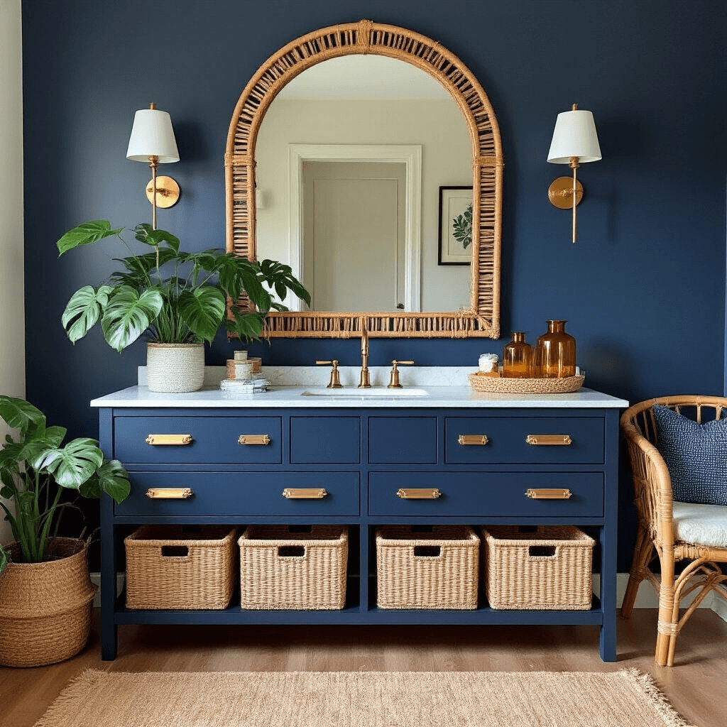 A stylish bedroom featuring a transformed MALM dresser painted navy and topped with marble contact paper, adorned with brass campaign hardware. Above the dresser is a rattan-framed arched mirror, flanked by modern sconces. The room is decorated with woven storage baskets, a potted monstera plant, and amber glass vessels, with a jute rug layered under a ghost chair. The scene is illuminated by soft morning light, showcasing a color palette of navy blue, warm brass, cream, and natural textures.