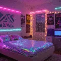 A dreamy 90s retro bedroom at dusk, featuring holographic bedding, neon colors, LED lights, vintage tech props, and warm ambient lighting with a cinematic vibe.