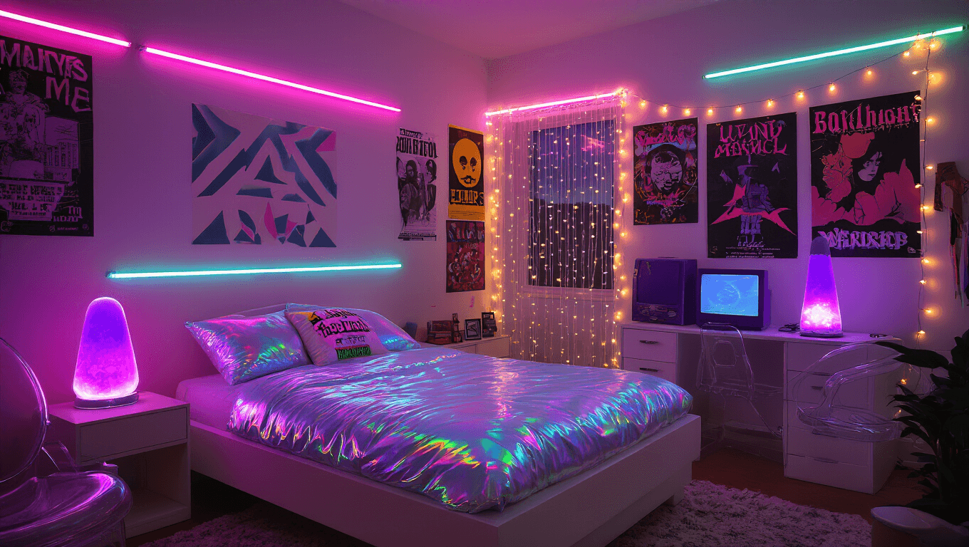 A dreamy 90s retro bedroom at dusk, featuring holographic bedding, neon colors, LED lights, vintage tech props, and warm ambient lighting with a cinematic vibe.
