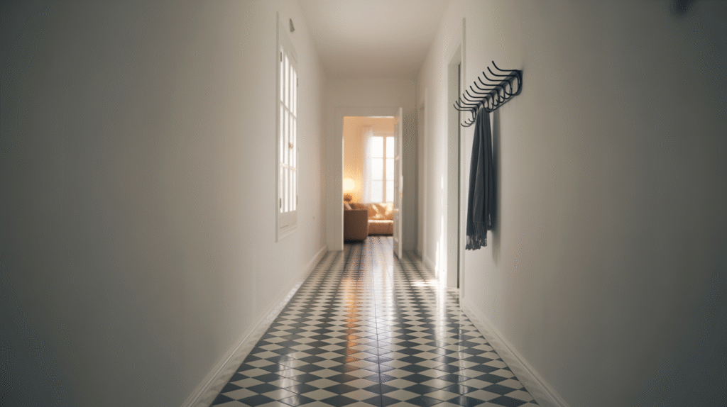 Creative Black and White Hallway Ideas to Reinvent Your Entryway a hallway with glossy black-and-white checkerboard tiles, white walls, and a modern black pendant lamp