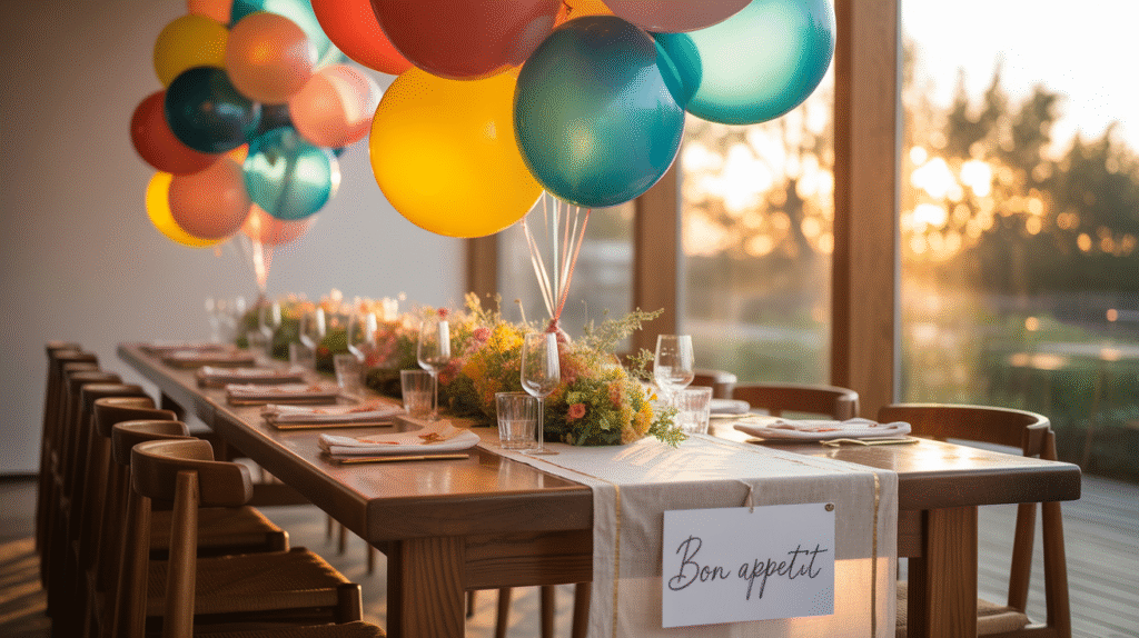 Stunning Balloon Decor Ideas for Every Celebration a dining table decorated with colorful, floating balloon