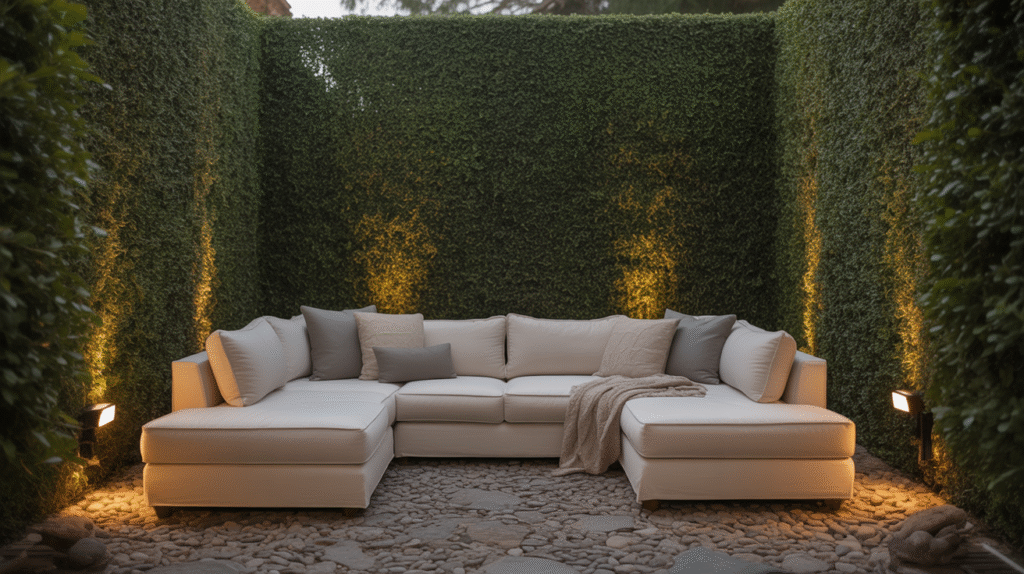 a relaxing backyard retreat with artificial hedge walls