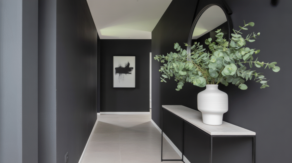 Creative Black and White Hallway Ideas to Reinvent Your Entryway a black-painted hallway wall featuring a simple white console table. Black and White Hallway Ideas
