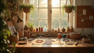 DIY Jewelry Magic: Unleash Your Inner Designer with These Creative Ideas A sunlit artisan jewelry crafting workspace featuring a vintage wooden desk organized with colorful supplies, antique brass tools, and macramé hanging plants, with a focus on a half-finished wire-wrapped turquoise pendant.