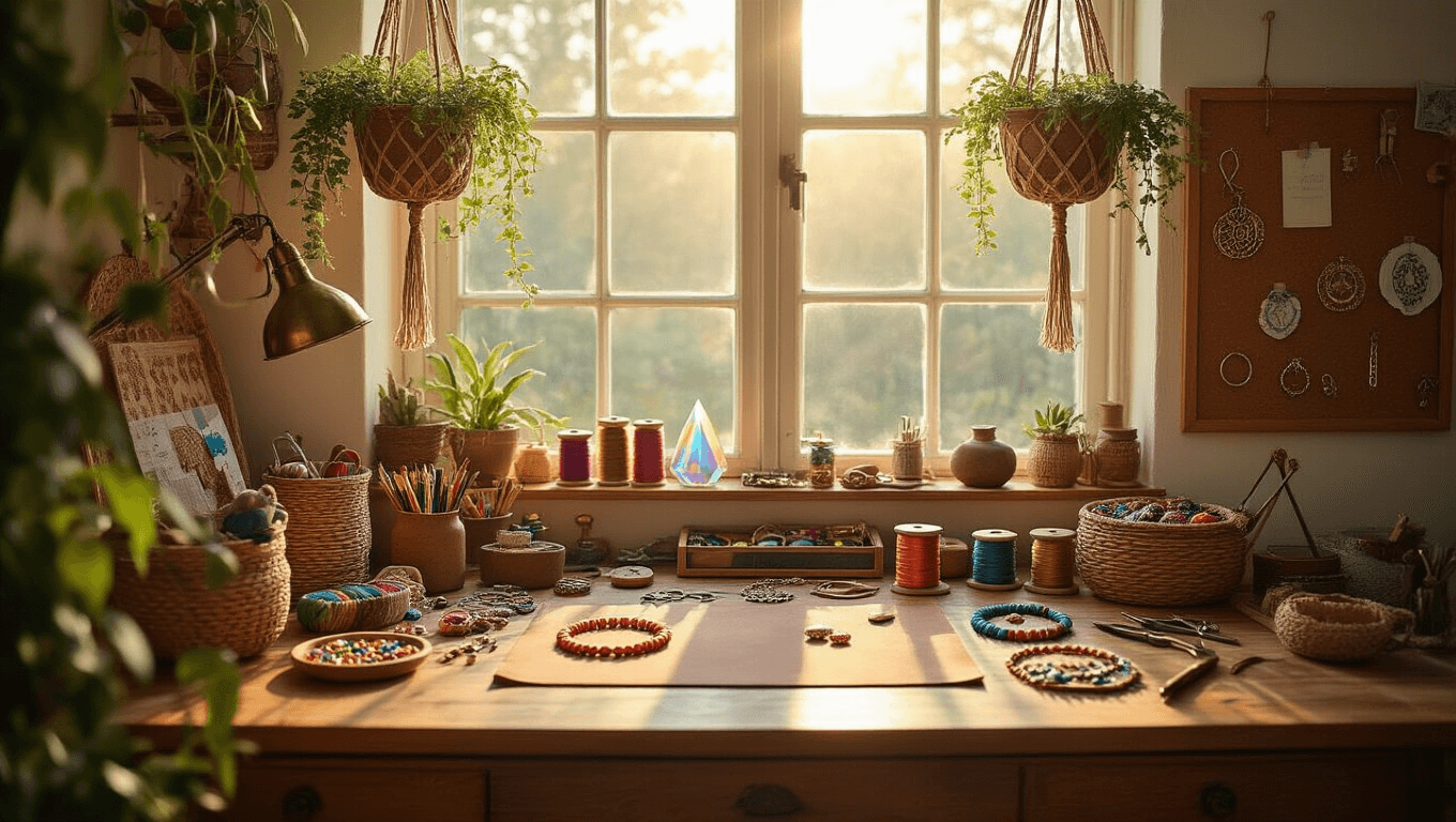 A sunlit artisan jewelry crafting workspace featuring a vintage wooden desk organized with colorful supplies, antique brass tools, and macramé hanging plants, with a focus on a half-finished wire-wrapped turquoise pendant.