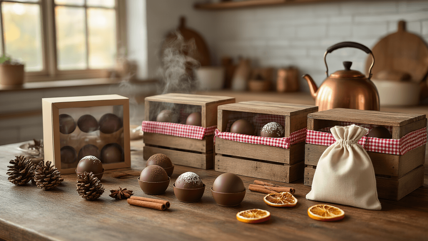 Cozy farmhouse kitchen with various artisanal hot chocolate bomb packaging displayed on a vintage wooden table, complemented by natural props and warm afternoon light.
