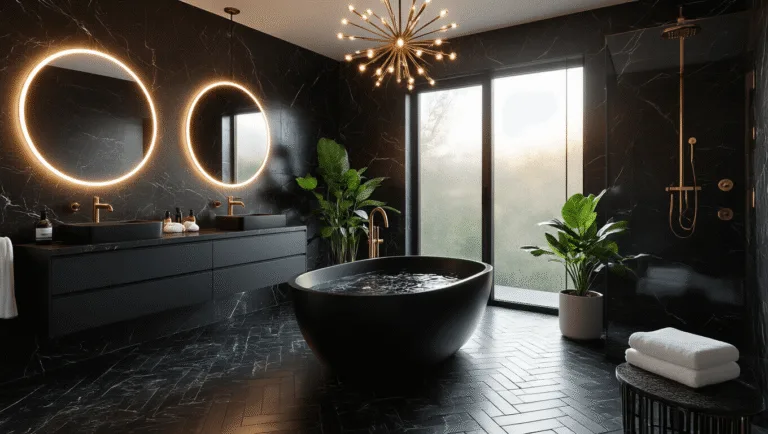 Photorealistic luxury black marble bathroom featuring a freestanding soaking tub, a double vanity with a circular LED mirror, and a stone herringbone floor, illuminated by ambient light and natural sunlight.