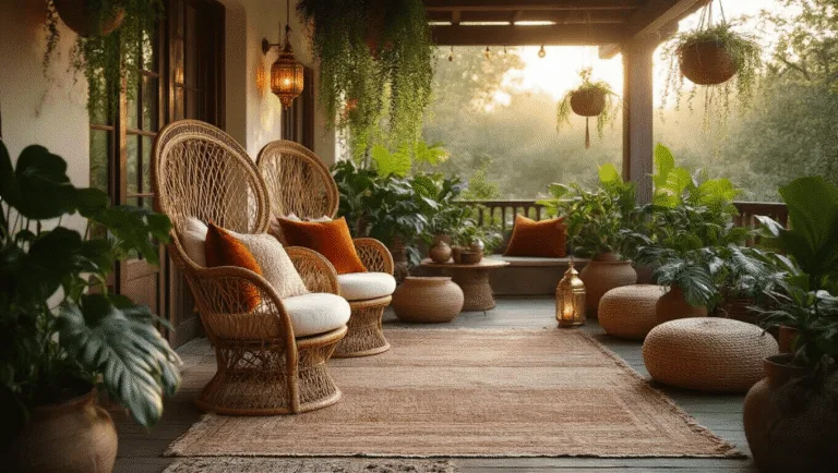 A luxurious bohemian patio at golden hour, featuring a vintage rattan chair with macramé cushions, layered Persian and jute rugs, an array of potted plants, Moroccan lanterns, and string lights, all set against whitewashed brick walls.