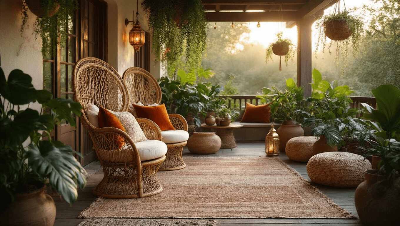 A luxurious bohemian patio at golden hour, featuring a vintage rattan chair with macramé cushions, layered Persian and jute rugs, an array of potted plants, Moroccan lanterns, and string lights, all set against whitewashed brick walls.