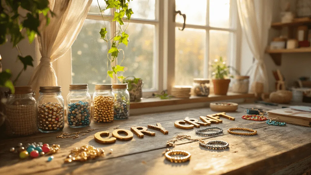 A cozy craft room filled with sunlight, showcasing a weathered workbench cluttered with alphabet and metallic beads, elastic cords, and completed inspirational word bracelets, surrounded by vintage jars and shelves of craft supplies, with a macramé plant hanger and ivy near a bay window, all captured in warm, hyper-realistic detail.