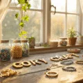 A cozy craft room filled with sunlight, showcasing a weathered workbench cluttered with alphabet and metallic beads, elastic cords, and completed inspirational word bracelets, surrounded by vintage jars and shelves of craft supplies, with a macramé plant hanger and ivy near a bay window, all captured in warm, hyper-realistic detail.