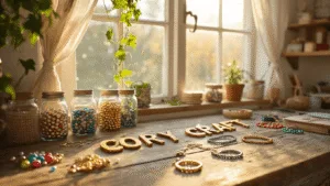 DIY Word Bracelets: Express Yourself with Wearable Words A cozy craft room filled with sunlight, showcasing a weathered workbench cluttered with alphabet and metallic beads, elastic cords, and completed inspirational word bracelets, surrounded by vintage jars and shelves of craft supplies, with a macramé plant hanger and ivy near a bay window, all captured in warm, hyper-realistic detail.