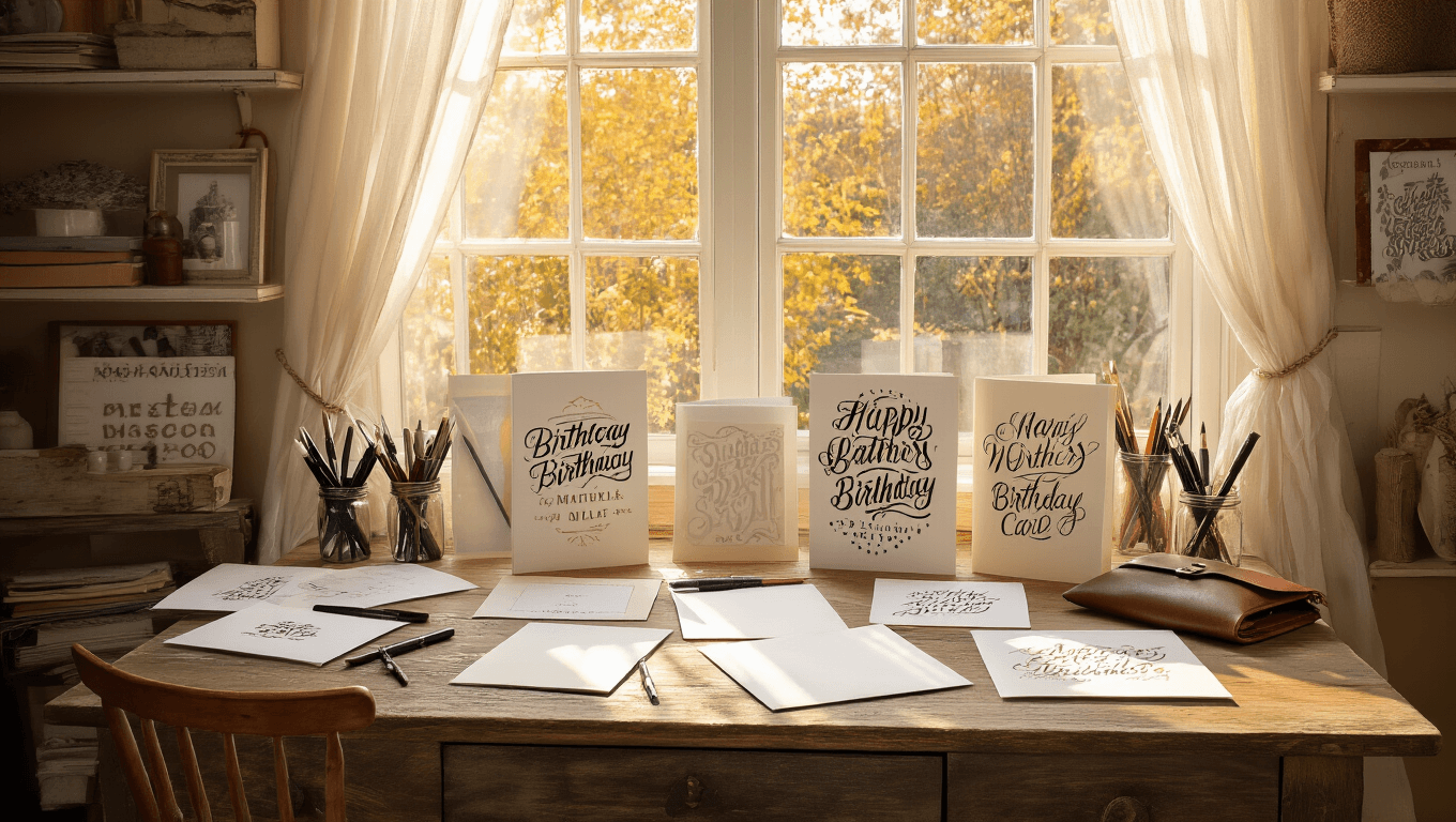 A cozy lettering studio with a rustic wooden desk near a bay window, filled with calligraphy supplies and handcrafted birthday cards showcasing various lettering styles, all bathed in warm, golden light.