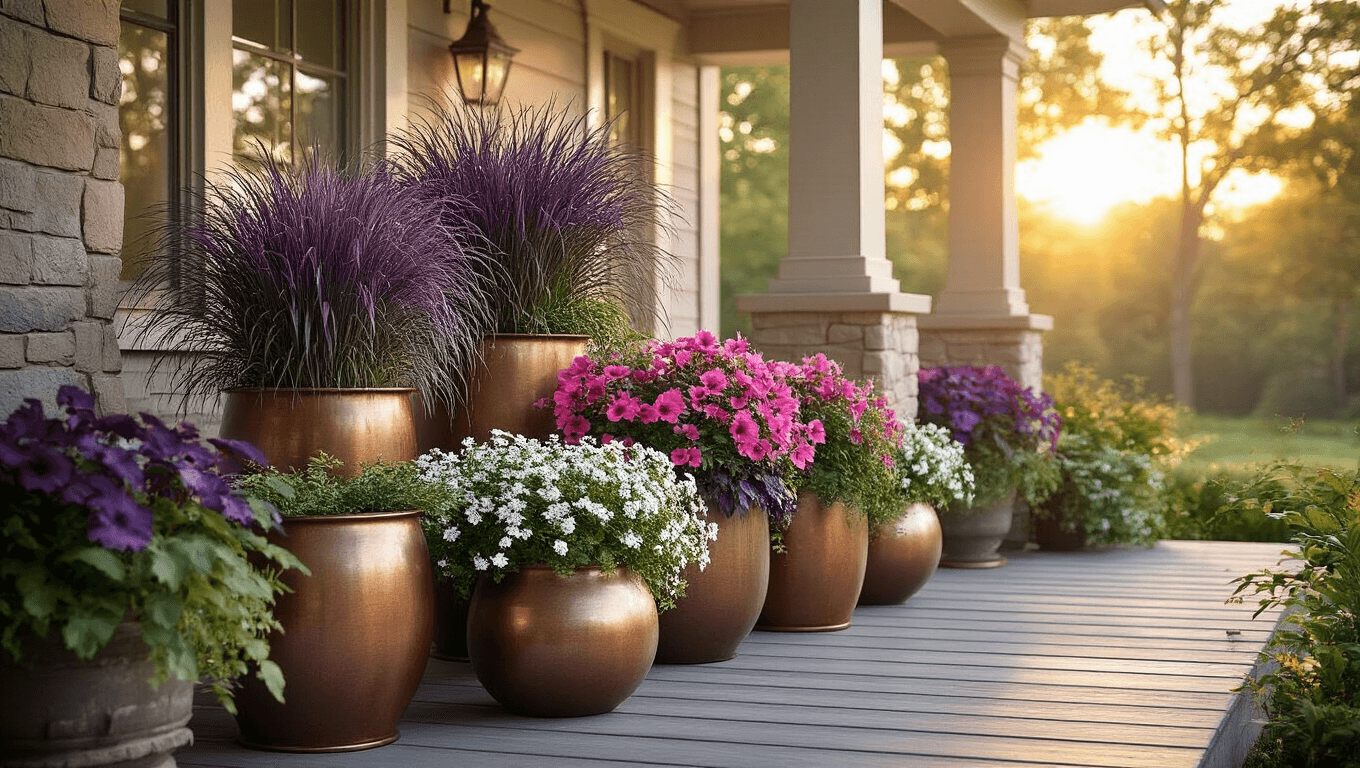 Photorealistic craftsman-style front porch at golden hour, featuring aged copper planters with purple fountain grass, dusty pink petunias, white alyssum, silver dichondra, and purple sweet potato vine, casting long shadows on weathered oak decking, with natural stone columns illuminated in warm sunset light.