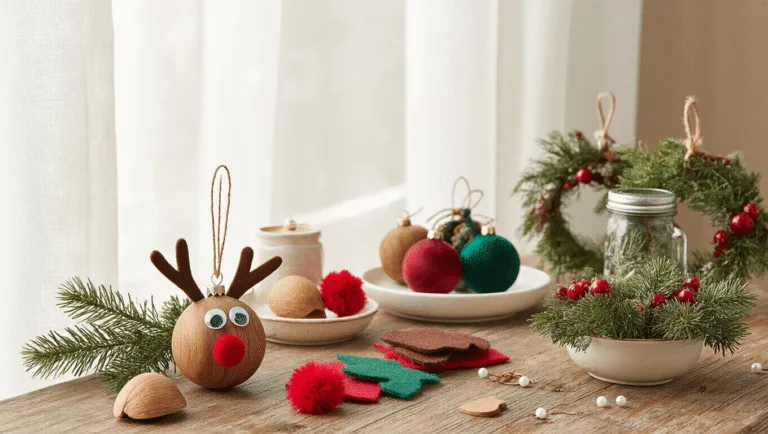 Cozy crafting corner with DIY Christmas ornament materials, featuring a completed Rudolph walnut ornament, elegant velvet-wrapped ornaments, mason jar lid wreaths, dried orange slices, and miniature ornaments, all bathed in warm, soft natural light.