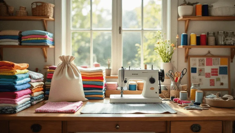 Bright craft room with vintage sewing table, colorful fabrics, completed drawstring bags, organized sewing notions, mood board, and plants, captured with soft lighting and shallow depth of field.
