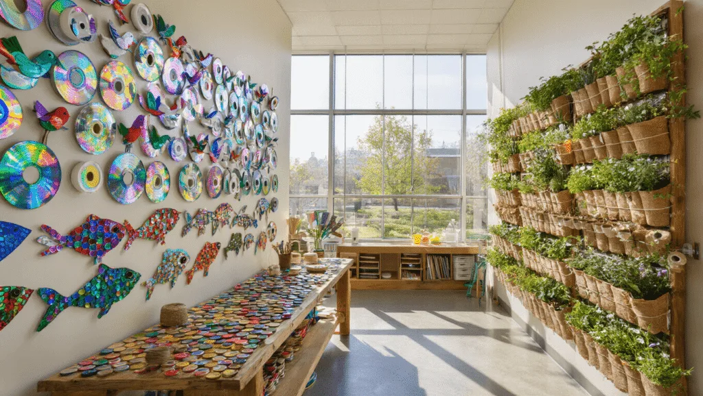 A sunlit classroom art display featuring upcycled creations including colorful bottle-cap fish, iridescent CD birds, toilet paper roll bird feeders, a vertical garden of plastic bottle planters, painted tin can organizers, a "Recycle Monster" bin, paper heart mobiles, and whimsical cardboard sculptures, all highlighted by soft natural lighting.