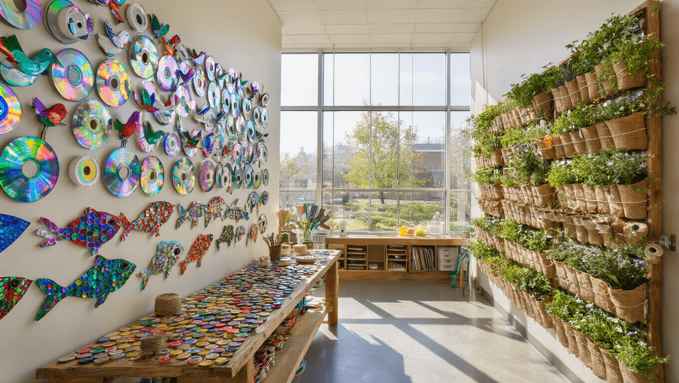A sunlit classroom art display featuring upcycled creations including colorful bottle-cap fish, iridescent CD birds, toilet paper roll bird feeders, a vertical garden of plastic bottle planters, painted tin can organizers, a "Recycle Monster" bin, paper heart mobiles, and whimsical cardboard sculptures, all highlighted by soft natural lighting.