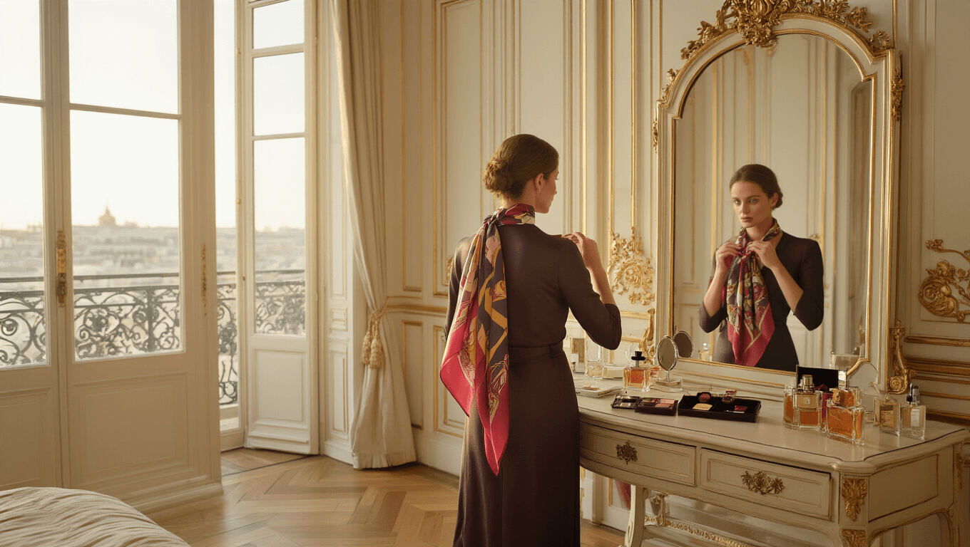 A woman demonstrates a silk scarf knotting technique in a luxurious Parisian bedroom, with soft golden hour light illuminating the space and vintage decor surrounding her.
