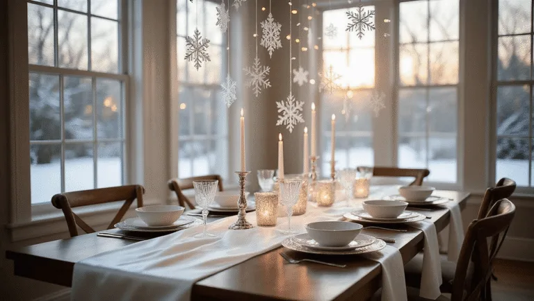 Elegant winter wonderland dining room featuring a shimmering white silk table runner, cascading snowflakes, mercury glass candleholders, and illuminated branches, all captured in soft natural light.