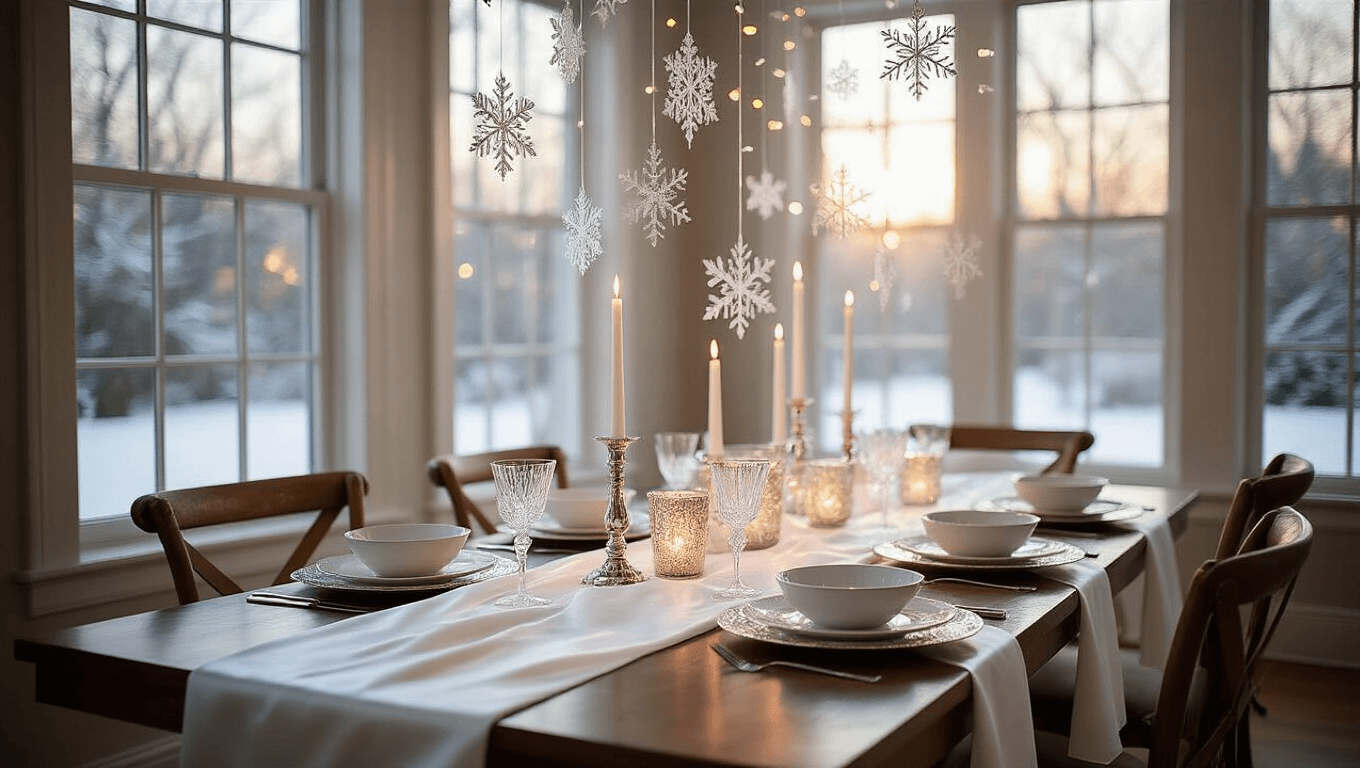 Elegant winter wonderland dining room featuring a shimmering white silk table runner, cascading snowflakes, mercury glass candleholders, and illuminated branches, all captured in soft natural light.