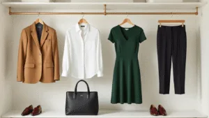 Fall Business Casual Done Right: Your No-Fuss Guide to Polished Office Style A sunlit minimalist walk-in closet with a brass clothing rack displaying fall business casual essentials, including a camel wool blazer, white button-down, dark trousers, forest green midi dress, and burgundy loafers, alongside a structured black tote, with soft morning light creating subtle shadows.