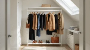 Fall Fashion Outfits: Your Ultimate Guide to Effortless Autumn Style (2025 Edition) A beautifully organized walk-in closet showcasing a curated collection of elevated fall basics, including a camel blazer, dark denim, black knit dress, cognac leather tote, and patent loafers, all illuminated by soft morning light through a skylight.