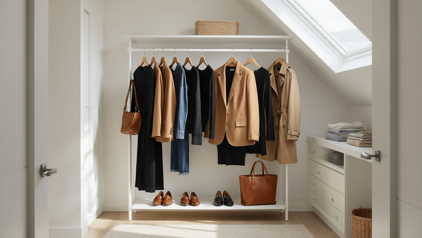 A beautifully organized walk-in closet showcasing a curated collection of elevated fall basics, including a camel blazer, dark denim, black knit dress, cognac leather tote, and patent loafers, all illuminated by soft morning light through a skylight.