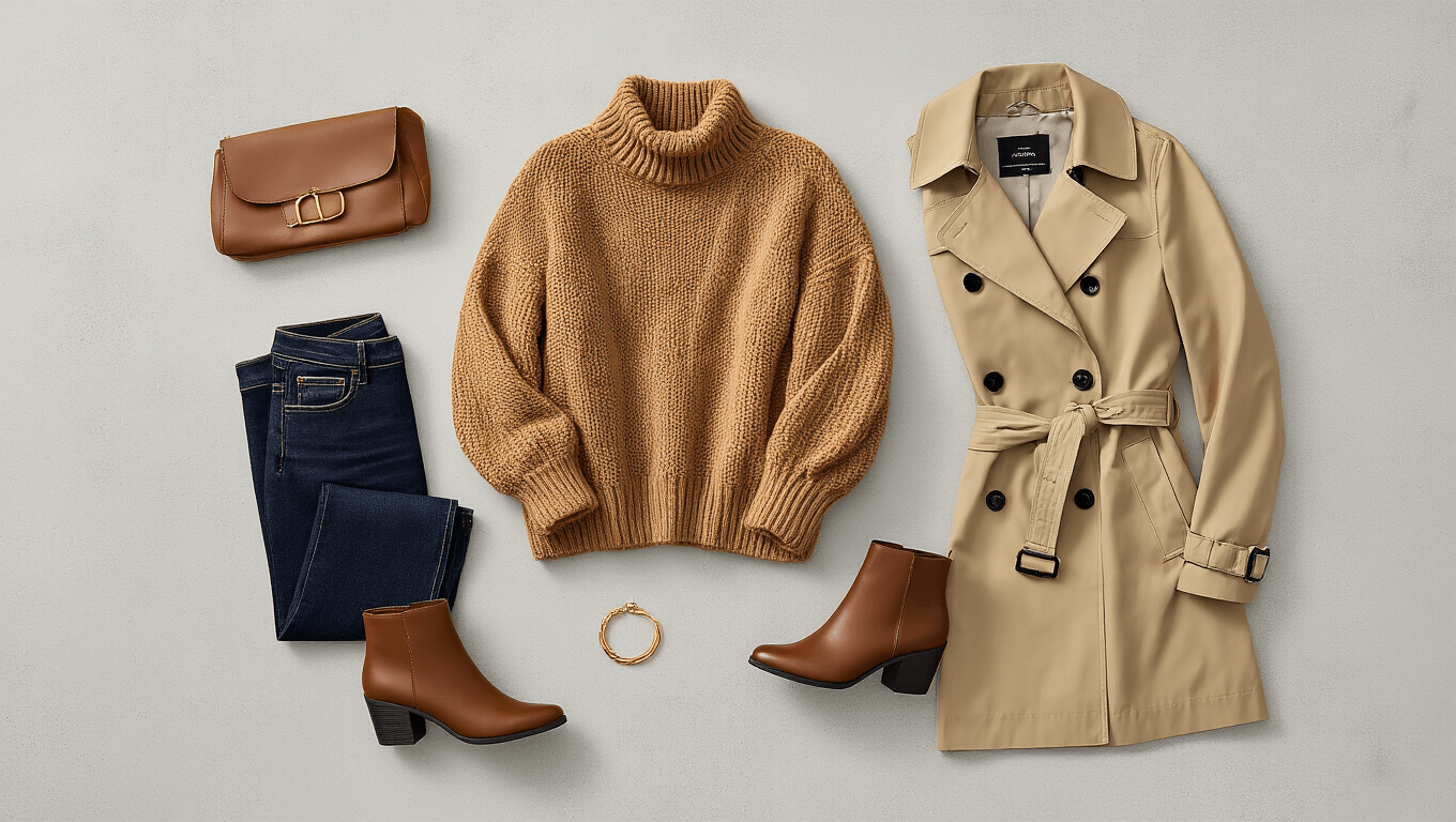 Flat lay of essential fall fashion items on light grey concrete, featuring a camel chunky knit sweater, beige trench coat, dark wash denim, brown leather ankle boots, and minimal gold jewelry, illuminated by soft golden hour light.