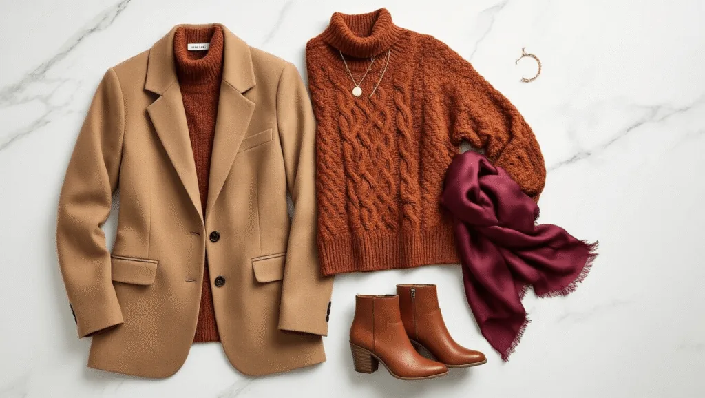 Overhead flatlay of fall fashion items including a camel wool blazer, rust chunky knit sweater, brown leather ankle boots, gold jewelry, and a burgundy silk scarf arranged on a white marble surface, with soft natural light enhancing the textures.