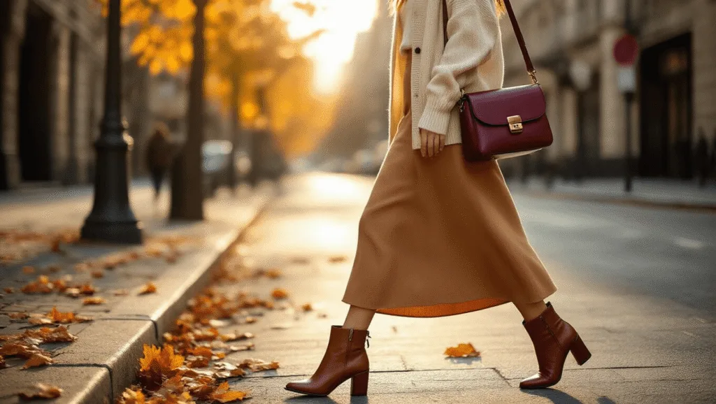 7 Effortlessly Chic Fall Transition Outfits You Already Own A confident woman in a white midi dress and light wash denim jacket walks on a sunlit urban street corner, wearing brown leather ankle boots and layered gold necklaces, with a cognac crossbody bag, during golden hour.