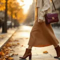 A confident woman in a white midi dress and light wash denim jacket walks on a sunlit urban street corner, wearing brown leather ankle boots and layered gold necklaces, with a cognac crossbody bag, during golden hour.