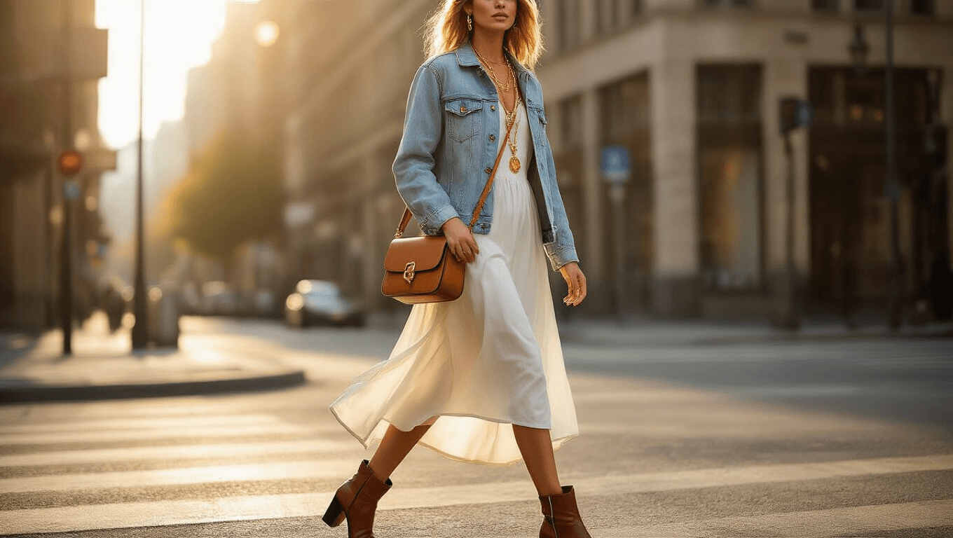 A confident woman in a white midi dress and light wash denim jacket walks on a sunlit urban street corner, wearing brown leather ankle boots and layered gold necklaces, with a cognac crossbody bag, during golden hour.